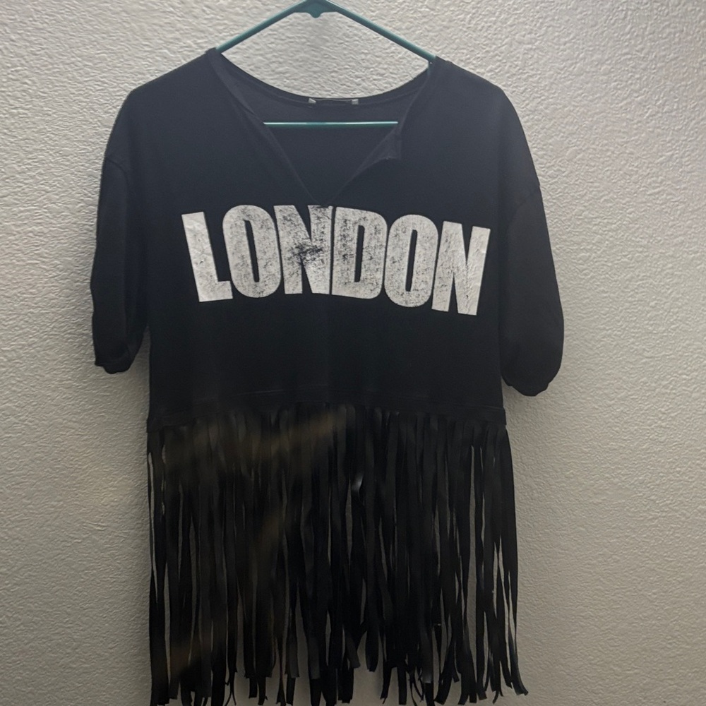 Zara Black Fringe Top with White Print